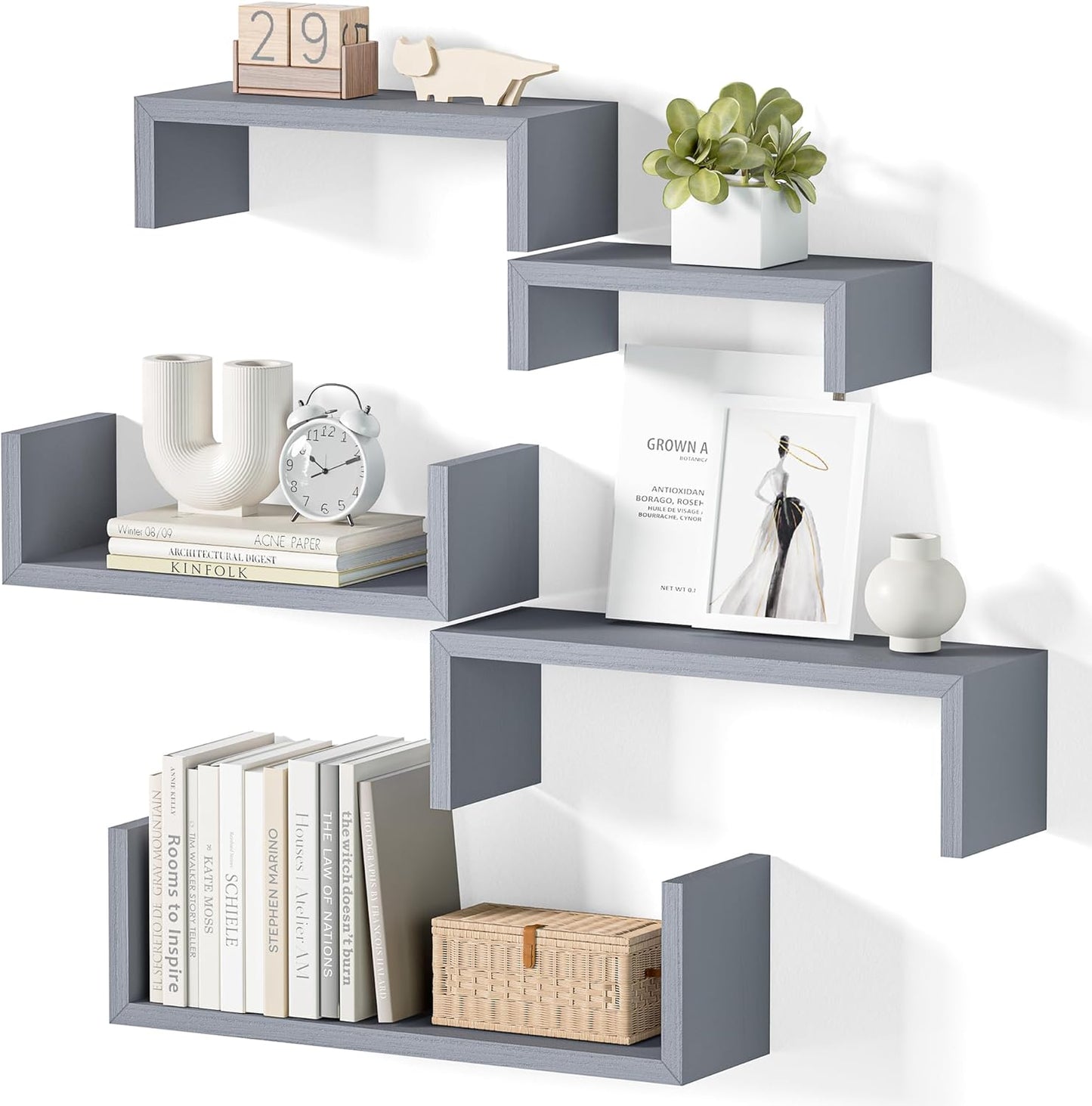 SRIWATANA Floating Shelves for Wall, Wall Shelves for Bathroom, Bedroom, Living Room, Kitchen, Office, Wood Shelves for Home Decor Set of 5 (Weathered Grey)