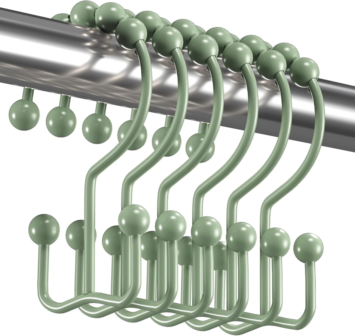 Titanker Shower Curtain Hooks Rings, Rust-Resistant Metal Double Glide Shower Hooks for Bathroom Shower Rods Curtains, Set of 12 Hooks - Sage Green