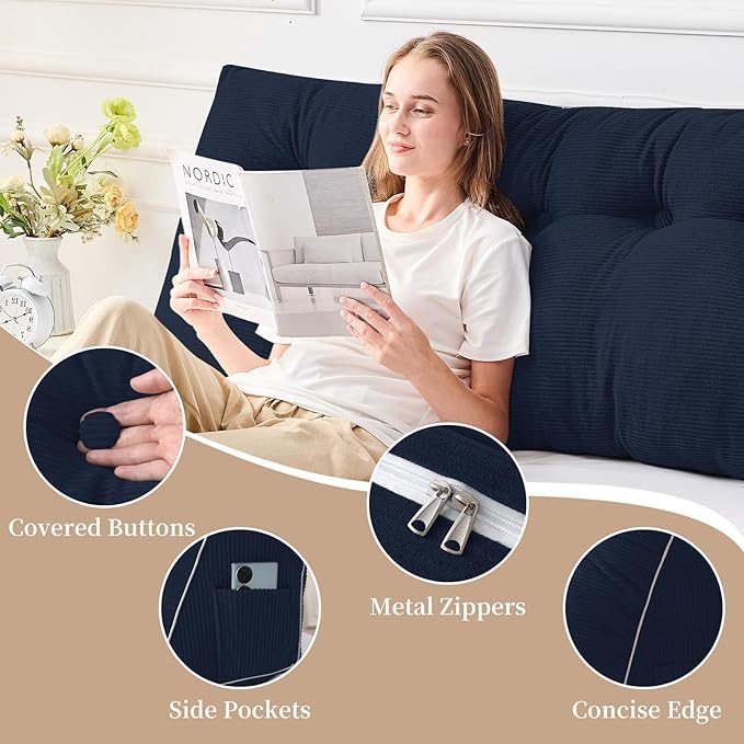 Sasttie Headboard Pillow Full, Wedge Pillow Headboard for Sitting Up in Bed, Back-Rest Support Triangular Cushion for Reading - Features Removable Washable Cover, Navy