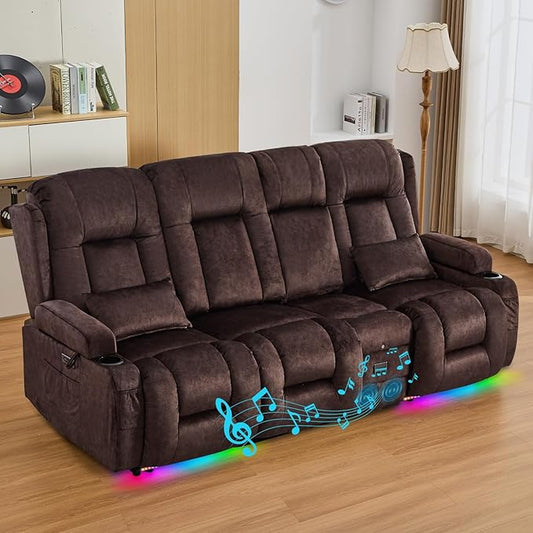 IPKIG 89" Power Reclining Loveseat Sofa, Electric Home Theater Seating with Console/4 Colors Ambient Lighting/Bluetooth Speakers/USB Ports/Built-in Outlets (Brown, 3-Seater with Console)