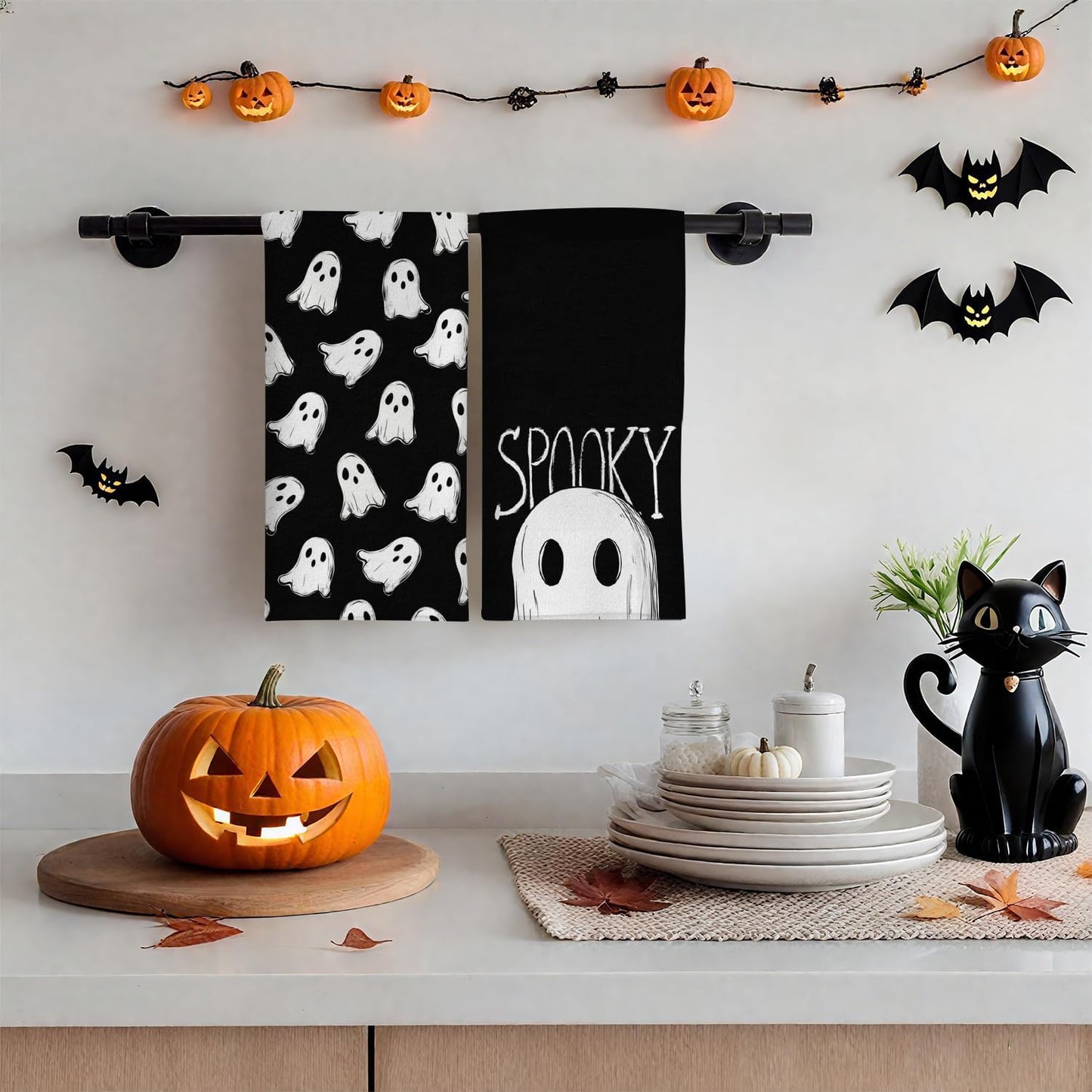 Halloween Kitchen Towels, Black White Spooky Ghost Dish Towels, Hand Towels Holiday Home Indoor Bathroom Party Seasonal Decorations Set of 2, 18x26 Inch