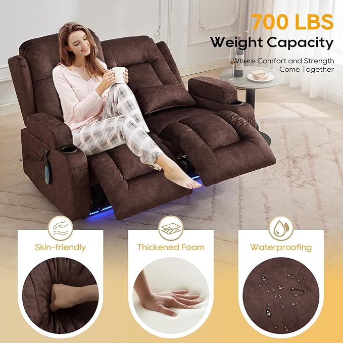 IPKIG 54" Power Loveseat Recliner Sofa, Electric Home Theater Seating with Massage Heat/4 Colors Ambient Lights/USB Port/Side Pocket/Cup Holder for Living Room, Bedroom, RVs(Brown, 2 Seater)