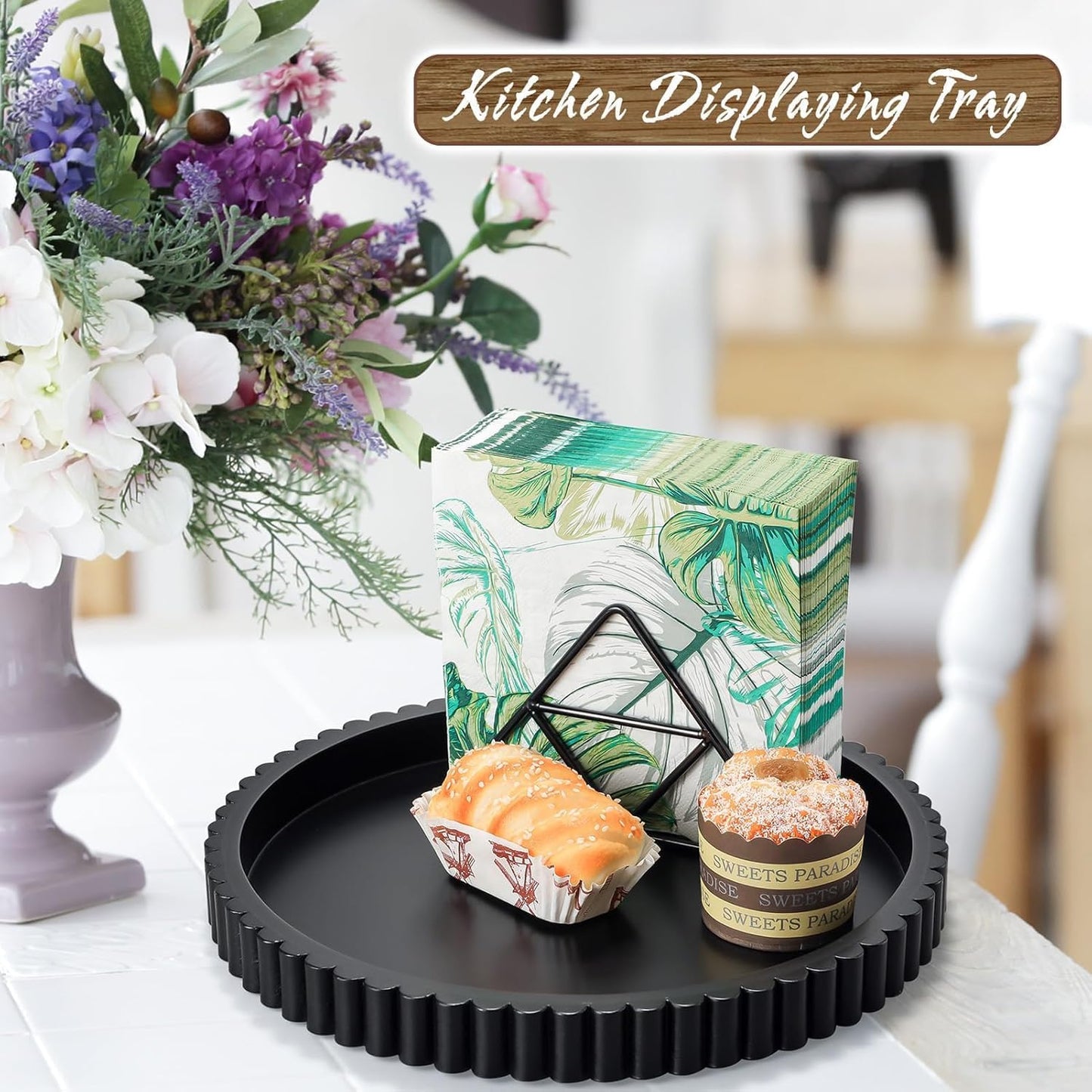 Handmade 12in Decorative Tray for Coffee Table Tray Decor, Black Wooden Decorative Round Tray for Kitchen, Living Room, Home Decor