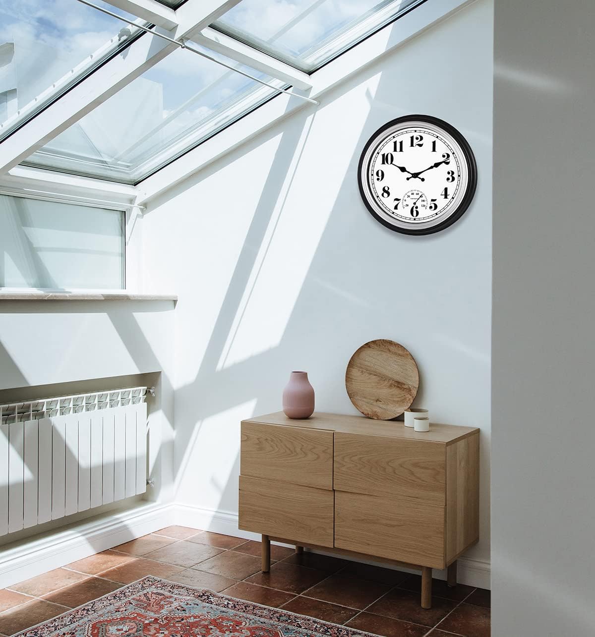 45MinST 12 Inch Indoor/Outdoor Retro Round Waterproof Wall Clock with Thermometer, Silent Non Ticking Battery Operated Quality Quartz Wall Clock Home/Patio Decor(Silver F)