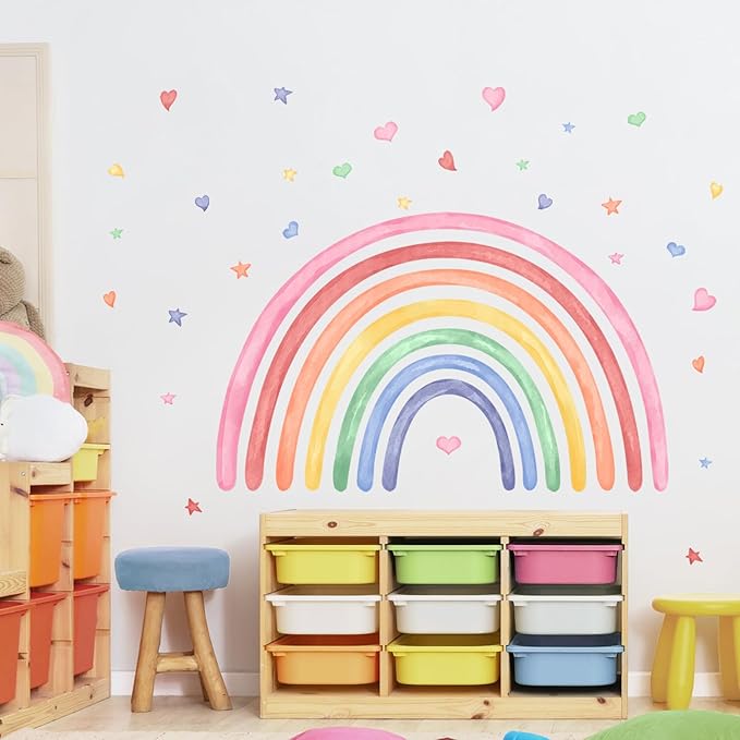 42" x 26" Rainbow Wall Decals Stickers for Girls Nursery Peel and Stick Watercolor Rainbow Hearts Stars Vinyl Wall Mural for Kids Toddlers Bedroom Playroom Classroom