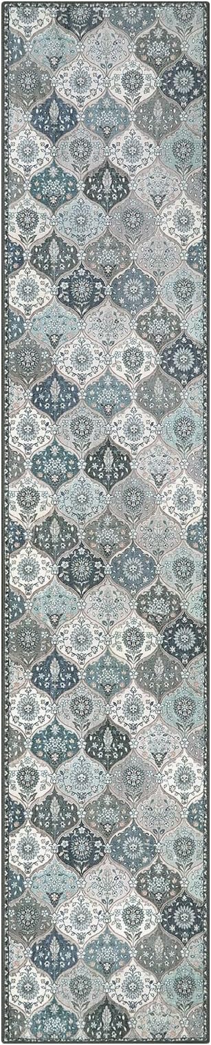 Lahome Moroccan Hallway Runner Rug Non Slip, 2x10 Washable Runner Rugs for Hallway 2x10 Vintage Ultra-Thin Throw Long Carpet for Kitchen Entryway Bedroom Laundry Room, Blue