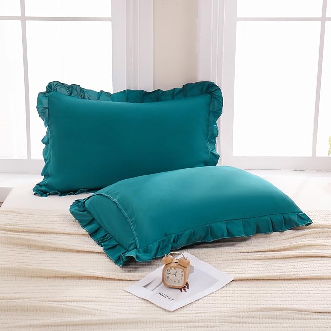 Merryword Teal Blue Pillow Ruffled Shams Blue King Pillowcases Cute Pillow Cover Set of 2 Soft Shabby Chic Pillowcases 2 Pack (King (20''x36''), Teal Blue)