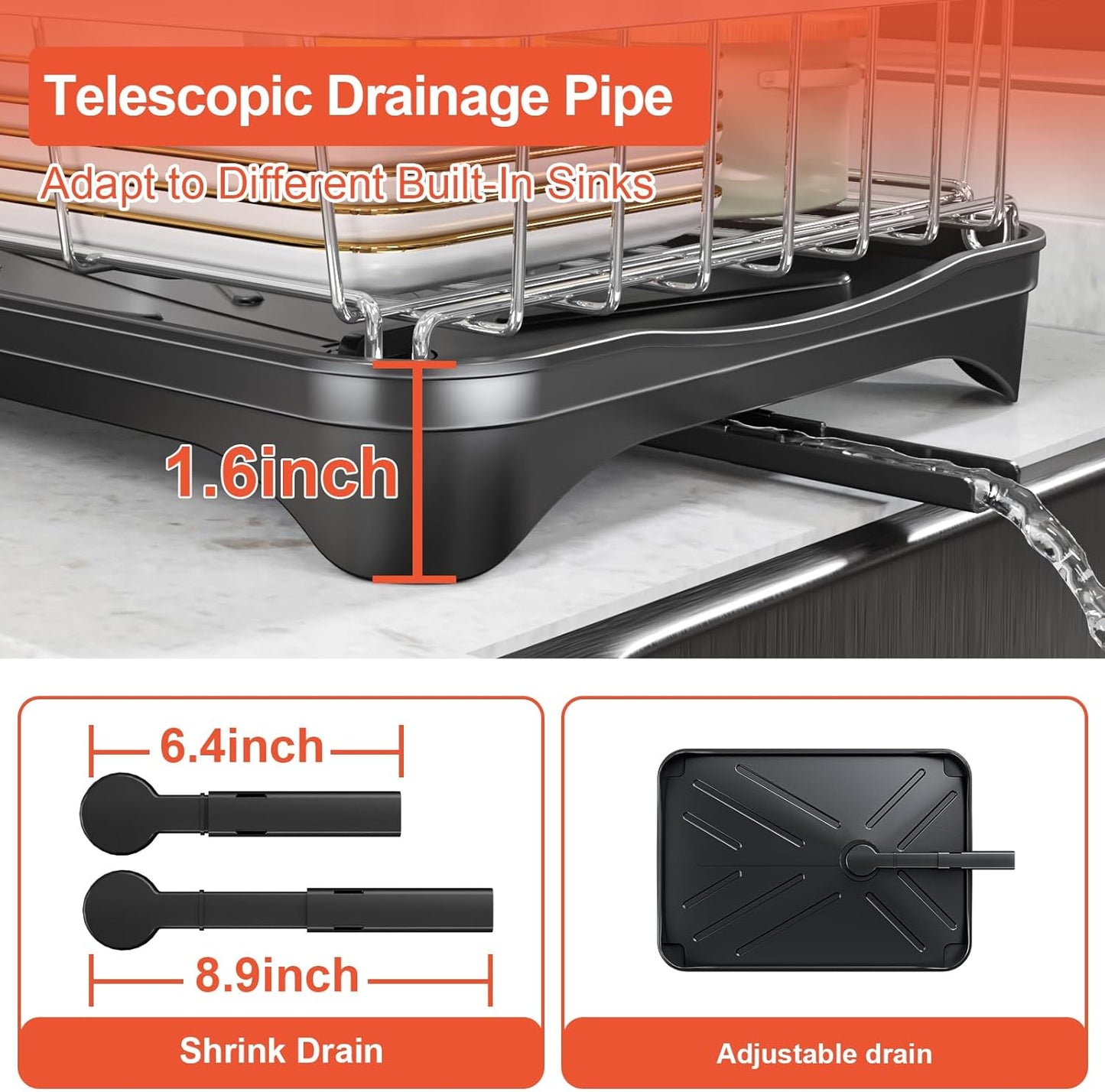 Dish Drying Rack - 304 Stainless Steel Dish Rack for Kitchen Counter with Utensil Holder & Cutlery Tray, Space Saving Countertop Organizer, Black