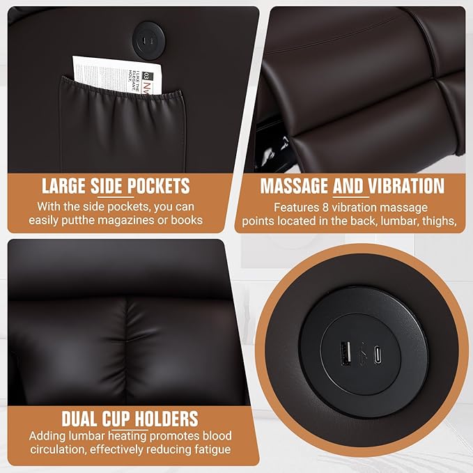 Home Theater Seating,RV Recliner Sofa with Massage and Heat,Manual RV Recliner Loveseat with USB/Cup Holders and Side Pocket for Living Room,3 Seater Brown