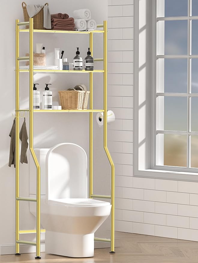 3 Tier Over The Toilet Storage Rack with 2 Basket, Metal Freestanding Bathroom Shelves Toilet with Paper Holder and 4 Hooks, Over Toilet Storage Shelf for Bathroom Storage, Glod