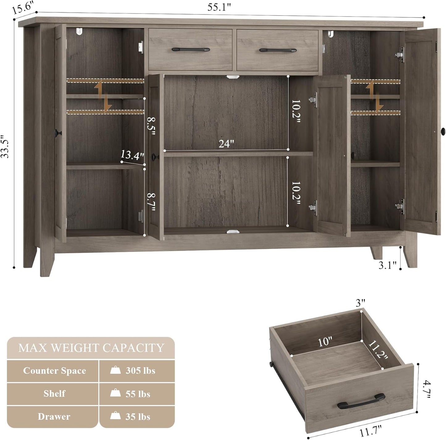 HORSTORS 55" Buffet Cabinet with Storage, Kitchen Buffet Sideboard with Drawers, Large Storage Cabinet with Doors and Shelves, Modern Farmhouse Coffee Bar for Kitchen, Dining Room, Living Room, Grey