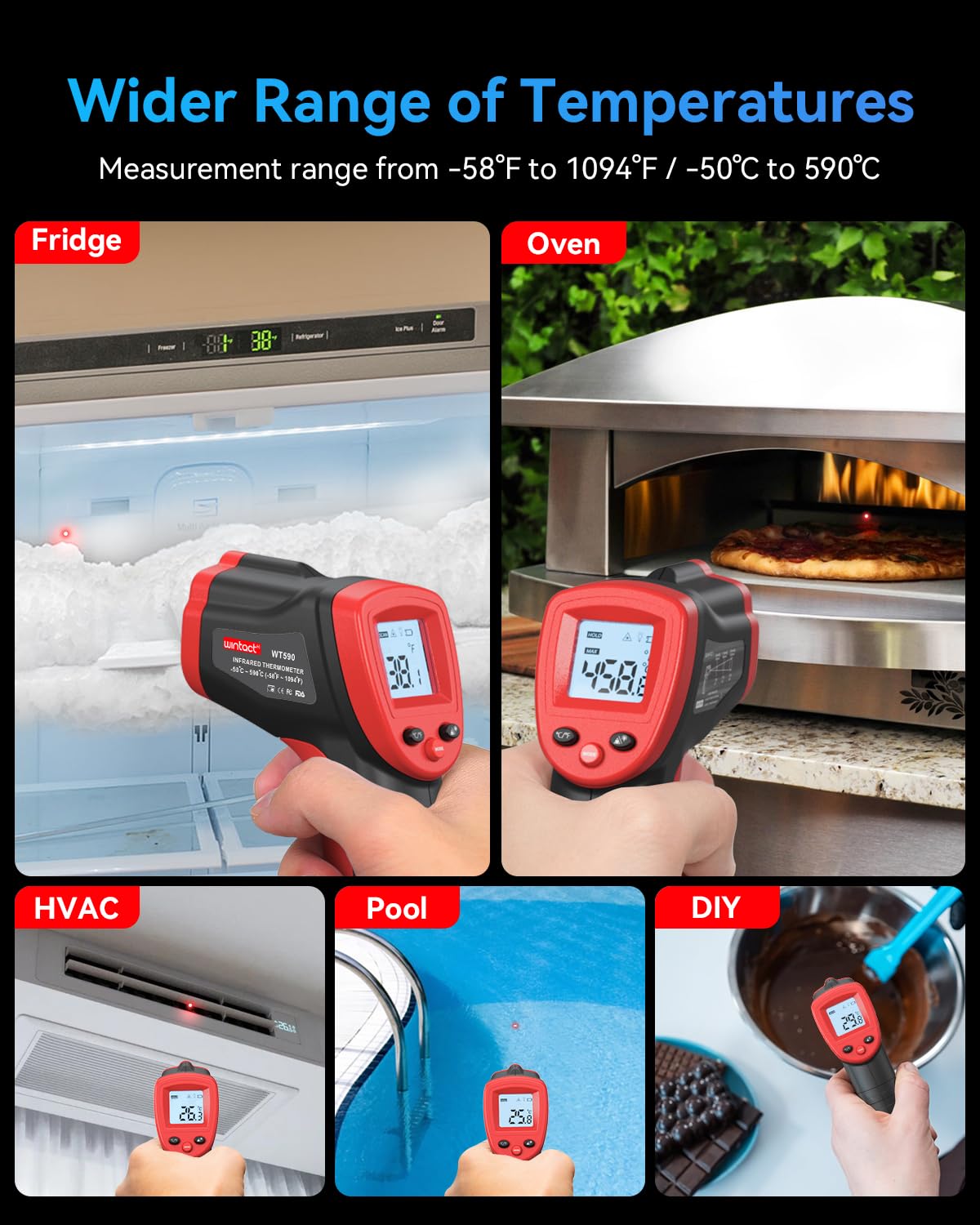 Wintact Infrared Thermometer Temperature Gun -58℉ to 1094℉, Digital IR Heat Surface Temp Gun, Non-Contact Laser Thermal Gun for Cooking Food, BBQ, Pizza Oven, Grill, Griddle Accessories