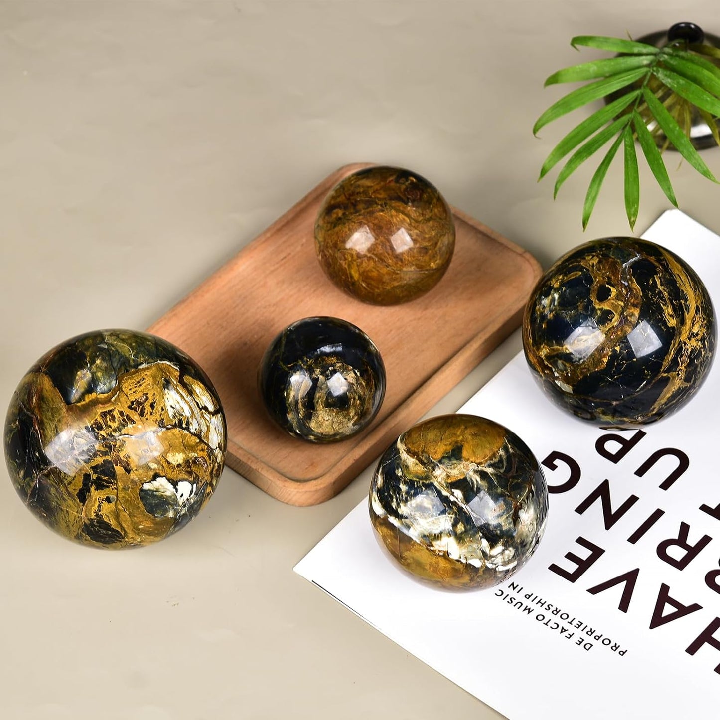 JIC Gem Pietersite Crystal Sphere with Wooden Stand,Decorative Crystal Ball Blues and Golden Browns Gemstone Sphere for Meditation,Feng Shui,Witch-Style Decor,Office Table Decorations 70-80mm