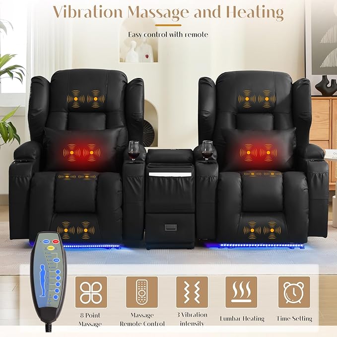 Wall Hugger Power Recliner Chair, Home Theater Seating Electric Recliing Sofa with Massage & Heat, Cup Holder, USB Port, LED Ambient Light, Storage for Living Room (Black, 3 Chairs)