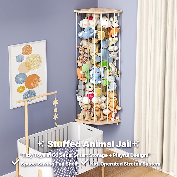 Stuffed Animal Storage & Toy Storage Organizer – Wooden Corner Hammock Shelf for Stuffed Animal Hammock Corner, Nursery, Playroom, Bedroom. Versatile Toy Organizer with Zoo Pattern