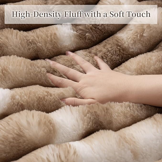 Throw Blanket for Couch - 60" x 80" Faux Rabbit Fur Throw Blanket Cozy Soft Warm Blankets for Bed Sofa Bedroom Living Room Fluffy Striped Blankets for Fall Winter, Home Decor, Brown