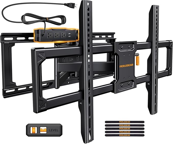 Perlegear Full Motion TV Wall Mount with Power Strip for 42–90 Inch TVs up to 150 lbs, Pre-Assembled TV Mount Has Smooth Swivel, Tilt, Extension, Max VESA 600x400mm, 12“/16”/24” Wood Studs, PGLF11