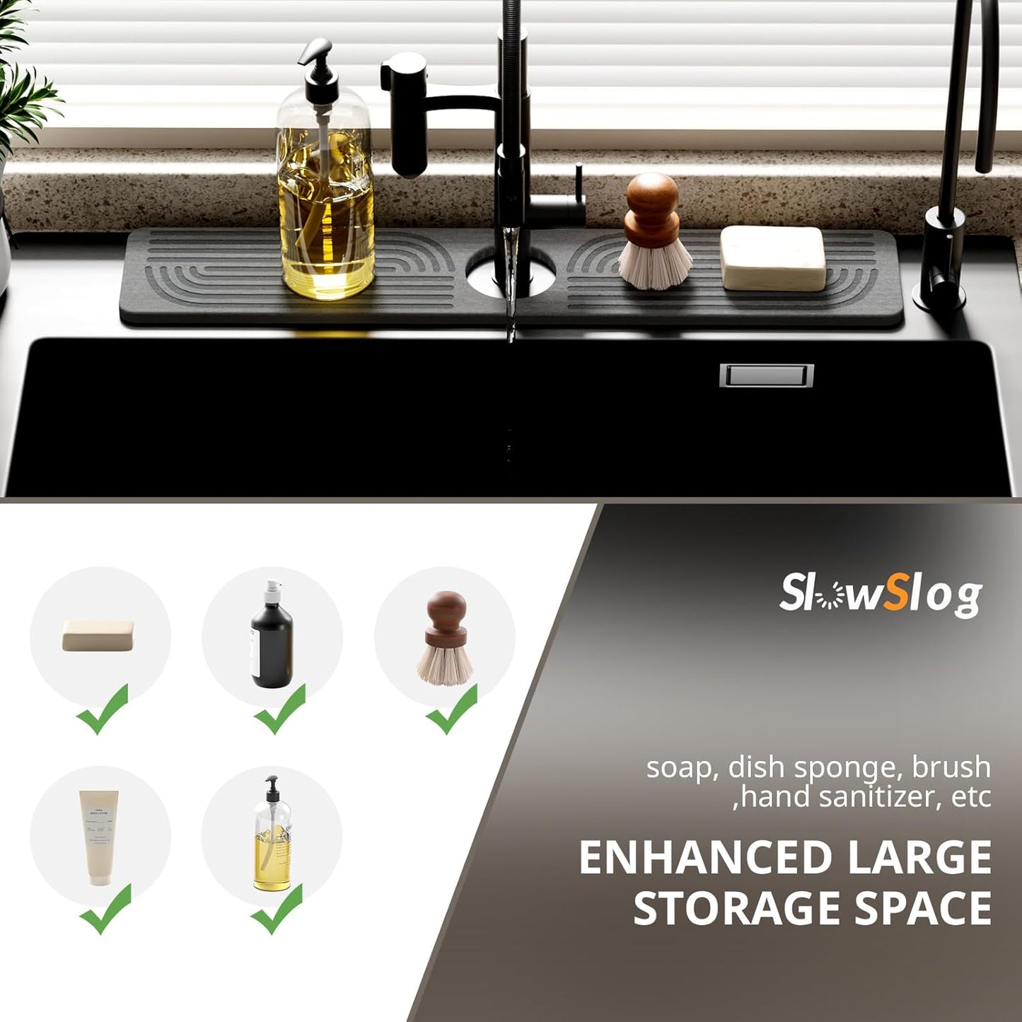 Faucet Mat for Kitchen Sink - 15.8" Quick Drying Sink Splash Guard - Water Absorbent Diatomaceous Tray Mats for Bathroom - Dark Gray