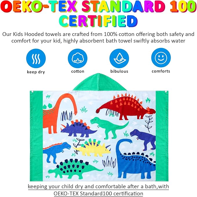 Kids Bath Towels, Kids Towel Girls Boys Hooded Beach,Bathroom,Pool Swim Towels 30 × 50 INCH Large Size Ultra Absorbent Cute Cartoon Animal Full Vitality 100% Cotton Dinosaur Towel| Dino