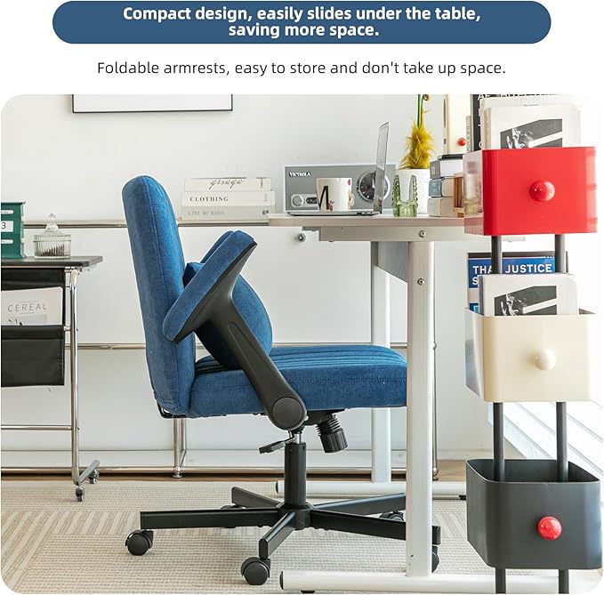 Furnimart Criss Cross Desk Char Wide Seat with Wheels and Arms, 360° Swivel Cross Legged Desk Chair Thick Cushion, Velvet Comfy Armless Home Office Chair for Bedroom, Vanity, Sturdy (Blue)