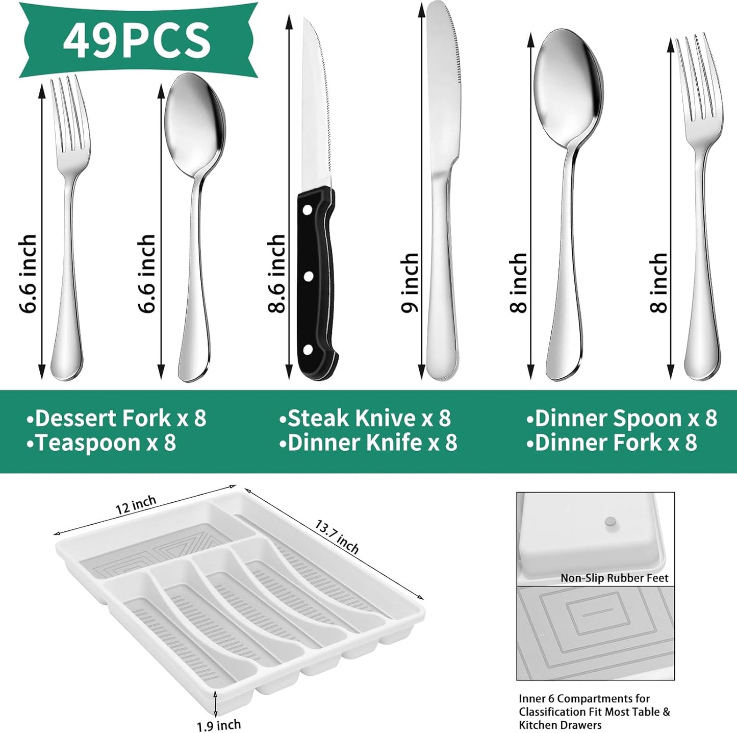 49PCS Silverware Set with Organizer, Stainless Steel Flatware Drawer Cutlery Set for 8, Kitchen Utensils with Steak Knives Mirror Polished Dinner Knife Forks Spoons Tableware Service Tray