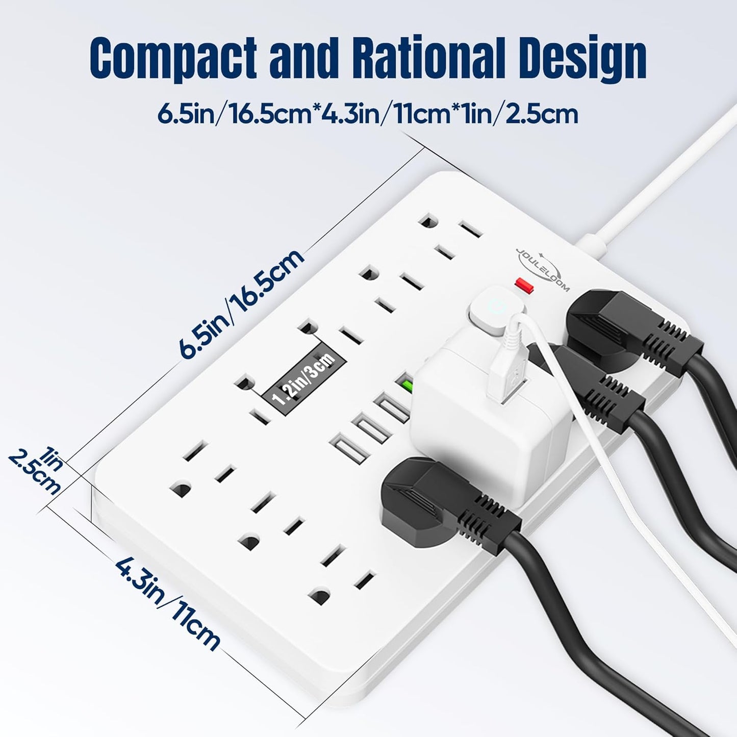 2 Pack 6 FT Flat Plug Surge Protector Power Strip,11 Multiple AC Outlets with 6 USB Ports (2 USB C), 6 Feet Extension Cord, 1250W/10A, One Touch Switch Button, 17 in 1 Compact powerstrip