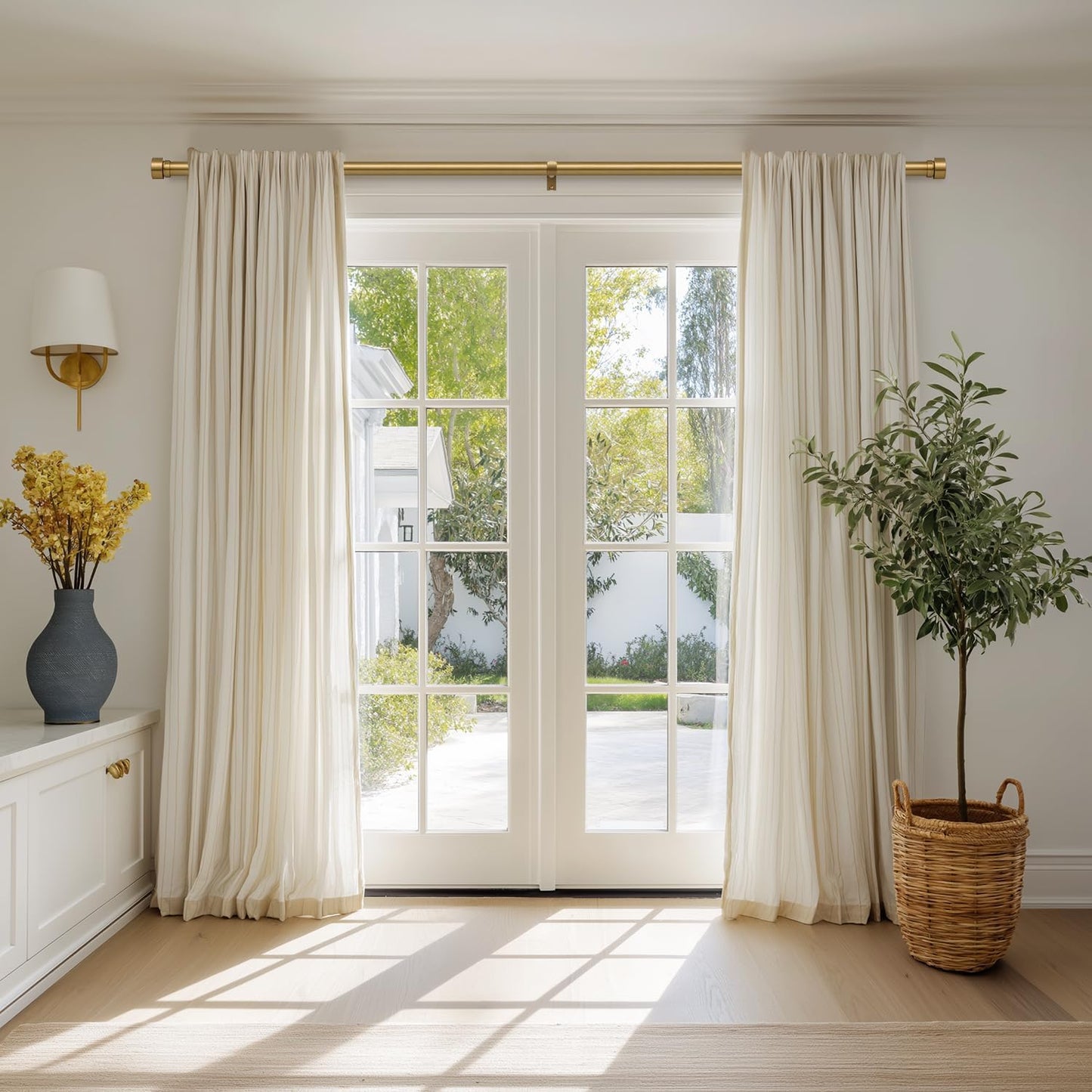 Warm Gold Curtain Rods for Windows 48 to 84 Inches Adjustable Length Heavy Duty 1" Diameter Brass Window Curtain Rod with Solid Metal Finials for Outdoor Farmhouse Bedroom Kitchen Living Room