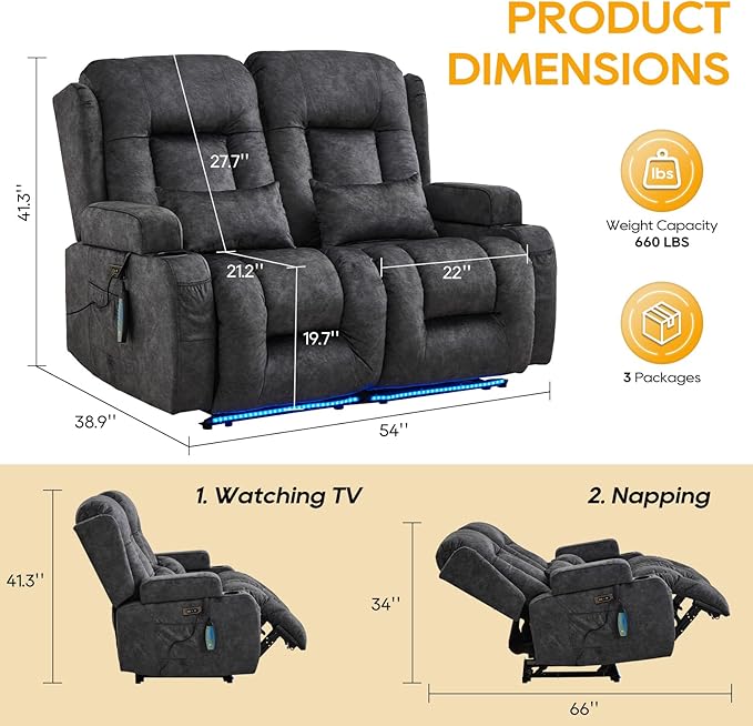 IPKIG 54" Power Loveseat Recliner Sofa, Electric Home Theater Seating with Massage Heat/4 Colors Ambient Lights/USB Port/Side Pocket/Cup Holder for Living Room, Bedroom, RV (Grey, 2 Seater)