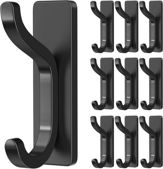 pickpiff 10-Pack Black Adhesive Wall Hooks - 13 LB Strong Stick-On Hooks for Hanging Towels, Coats, Shower & Kitchen Use