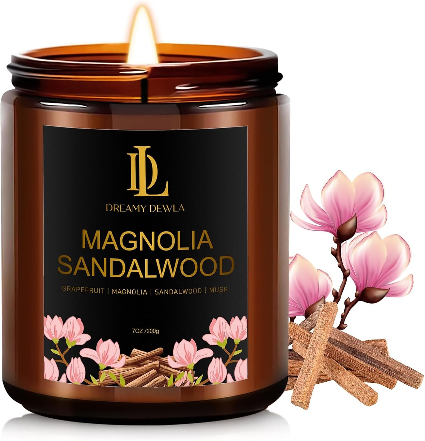 Magnolia & Sandalwood Scented Candles, Soy Candle for Home Scented, Masculine Amber Jar Candles Gifts for Men Women, 7oz