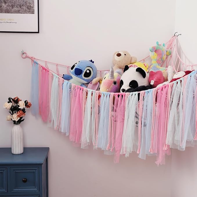 Stuffed Animal Toys Hammock with LED Light, Stuffed Doll Hanging Corner Holder for Home Storage, Large Hanging Net -Display Teddies for Bedroom, Pink Decor Organizer