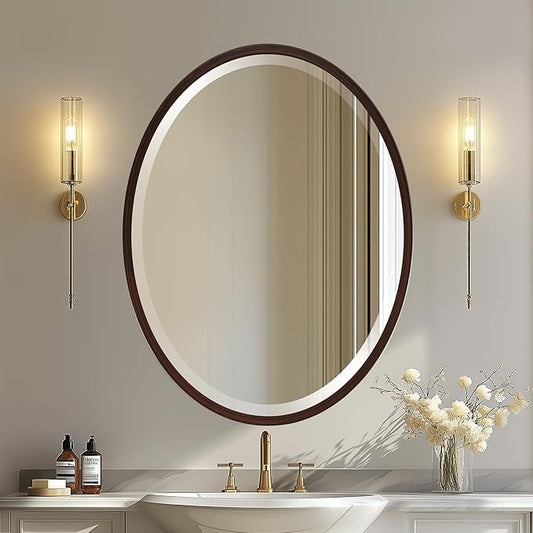 OVALCREST - Oval Wooden Beveled Wall Mirror for Home Decor, Bathroom, Vanity, Bedroom, Living Room, Hallway - London Style (Black Walnut) 21.1 x 31.1