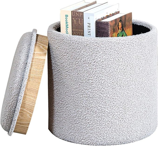 PINPLUS Round Boucle Ottoman with Tray, Storage Teddy Velvet Footstool Ottoman Cube for Living Room, Bedroom, Dorm 13.4"x13.4"x15" (Grey)