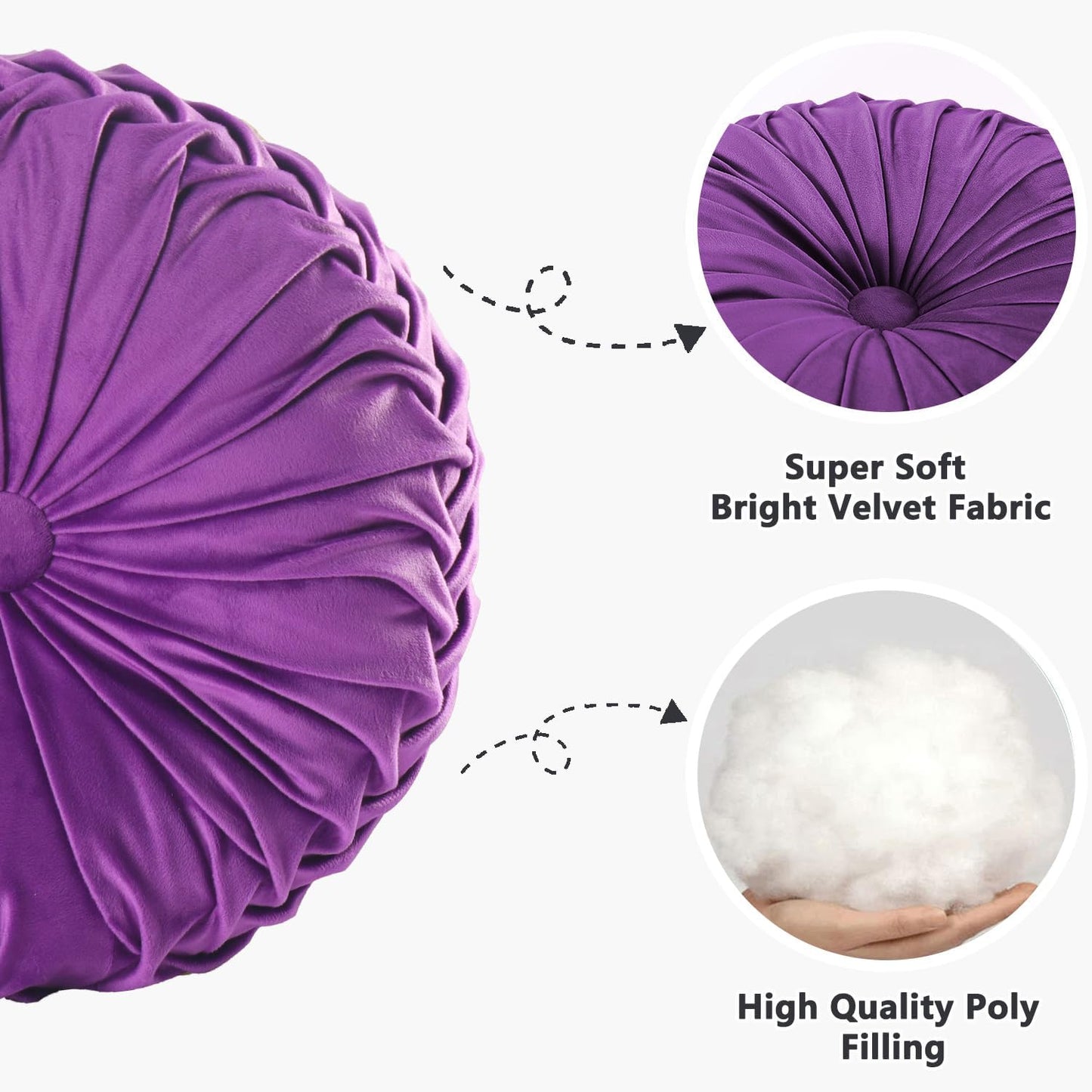 HIG Set of 2 Decorative Round Pleated Throw Pillows, Classy Accent Pumpkin Throw Pillows with Center Button, Vintage Velvet Floor Pillows for Sofa Vanity Chair Bed, Purple, 14.5" Diameter(Ripple)