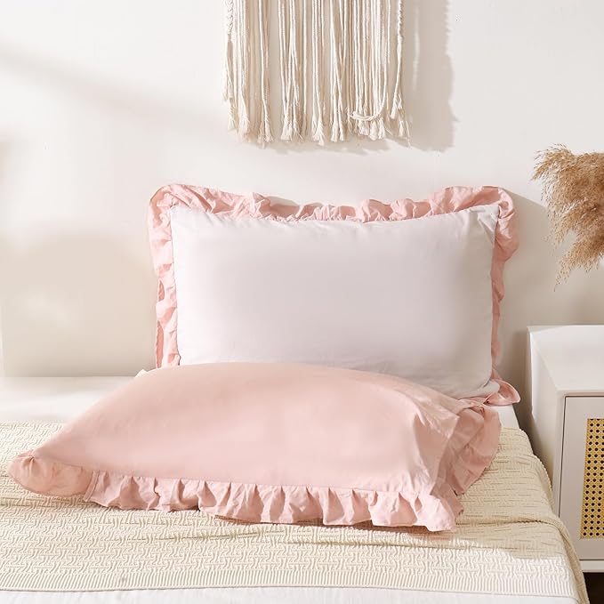 Merryword Pink and Beige Reversible King Pillow Shams - Cute Ruffled Pillowcases Set of 2, Soft Shabby Chic Cover (20"x36")
