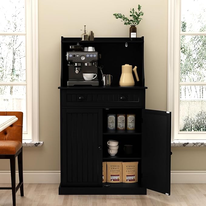 54" Kitchen Microwave Cabinet/Stand with Storage and Drawers, Pantry Storage Cabinet with Hutch & Adjustable Shelves for Kitchen, Dining Room, Living Room, Hallway in Black