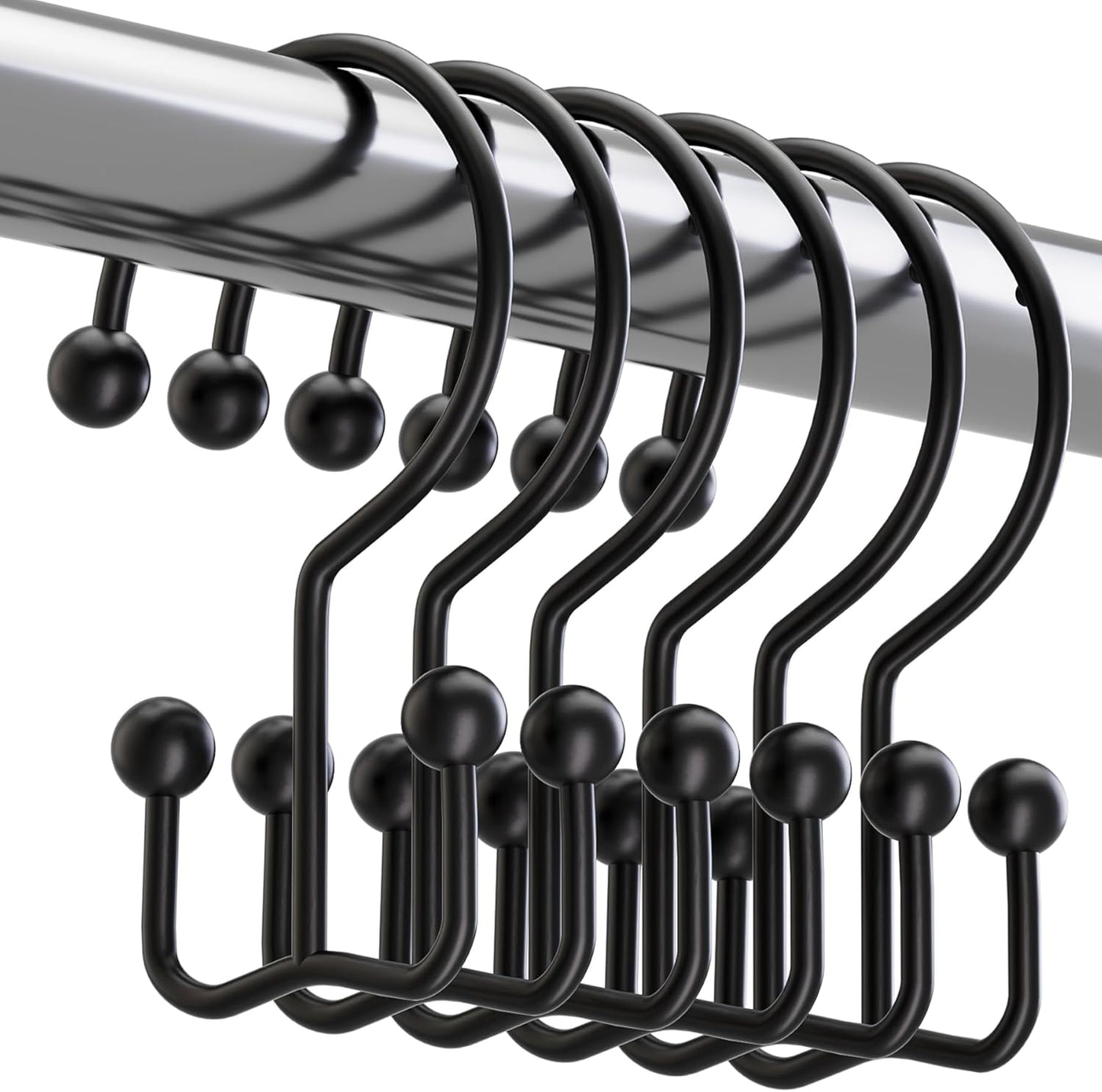 Titanker Shower Curtain Hooks Black, Minimalist Simple Double Glide Shower Curtain Rings, Rust Proof Metal Shower Hooks Rings for Bathroom Shower Rods Curtains, Set of 12 Hooks