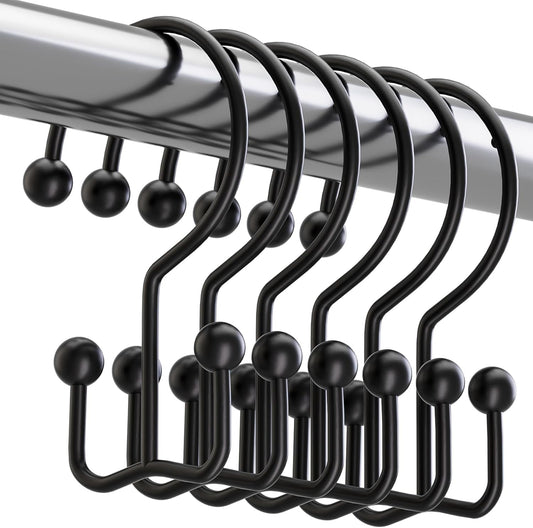 Titanker Shower Curtain Hooks Black, Minimalist Simple Double Glide Shower Curtain Rings, Rust Proof Metal Shower Hooks Rings for Bathroom Shower Rods Curtains, Set of 12 Hooks