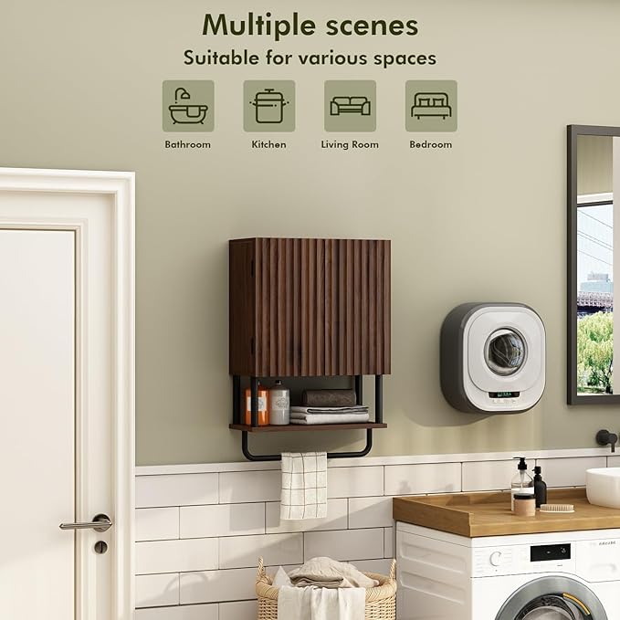 RUSTOWN Farmhouse Bathroom Wall Cabinet with 2 Door, 3-Tier Curved Profile Wooden Medicine Cabinet, Wall Mounted Storage Cabinet with Adjustable Shelf and Towel Bar (Dark Walnut, Small)