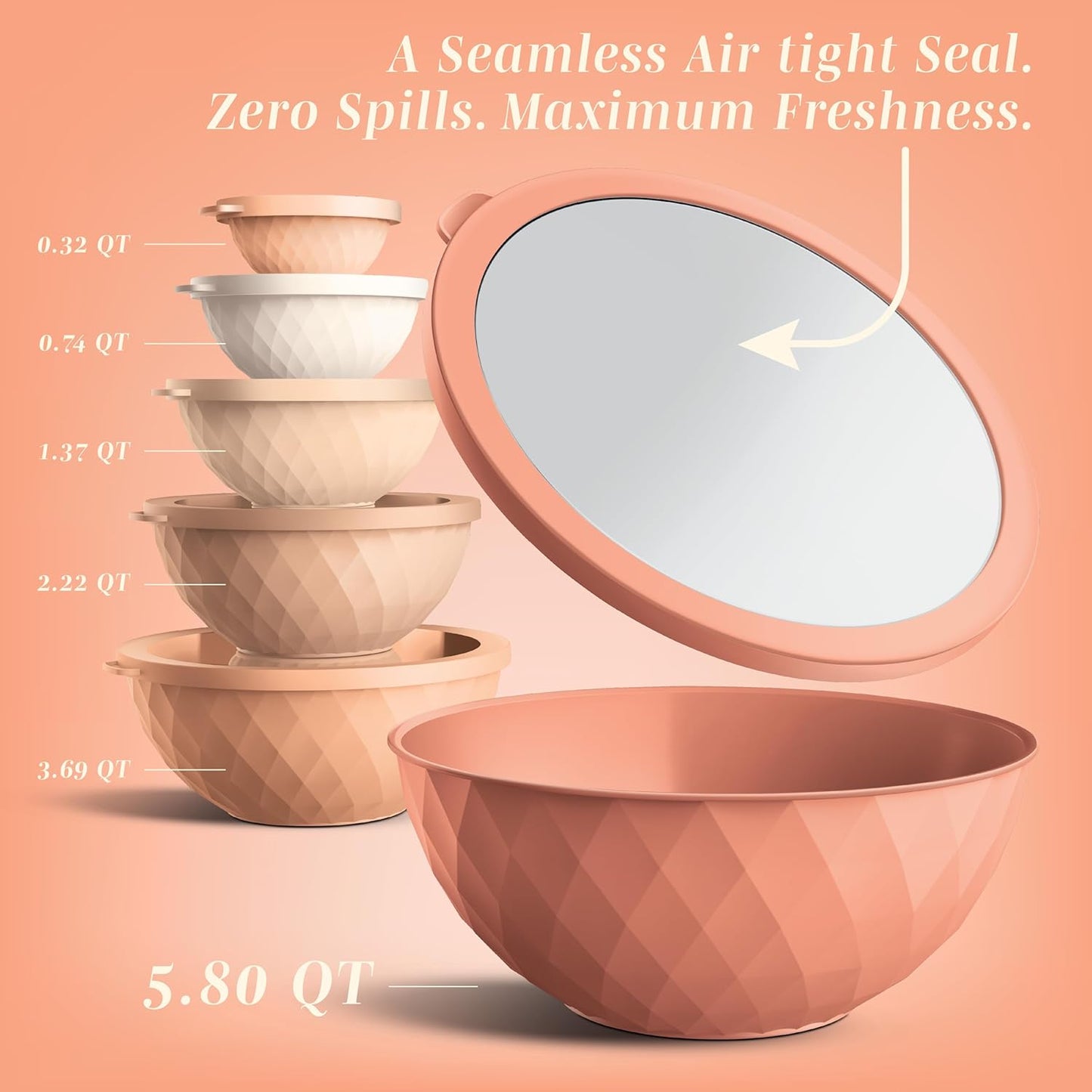 COOK WITH COLOR Mixing Bowls with Lids - 12 Piece Plastic Nesting Bowls Set includes 6 Prep Bowls and 6 Lids, Diamond Design - Microwave Safe, Orange