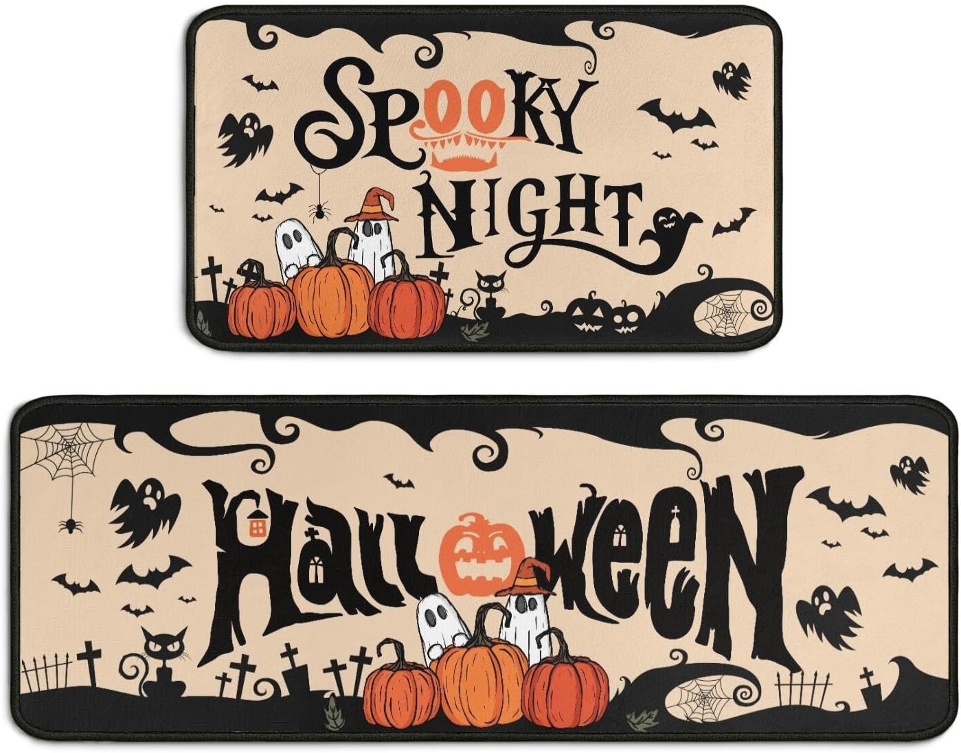 2 Piece Halloween Kitchen Decor Rugs Set,Cute Ghost Kitchen Rugs and Mats Non Skid Washable Absorbent Kitchen Accessories Decoration Floor Mats 17"x47"+17"x30"