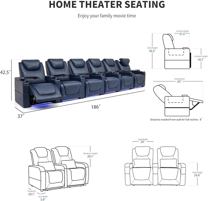 Home Theater Seating Seats, Theater Recliner Chair Sofa Game Movie Theater Chairs with 7 Colors Ambient Lighting, Lumbar Pillow, Side Pocket, Tray Table, Power Recline,Blue