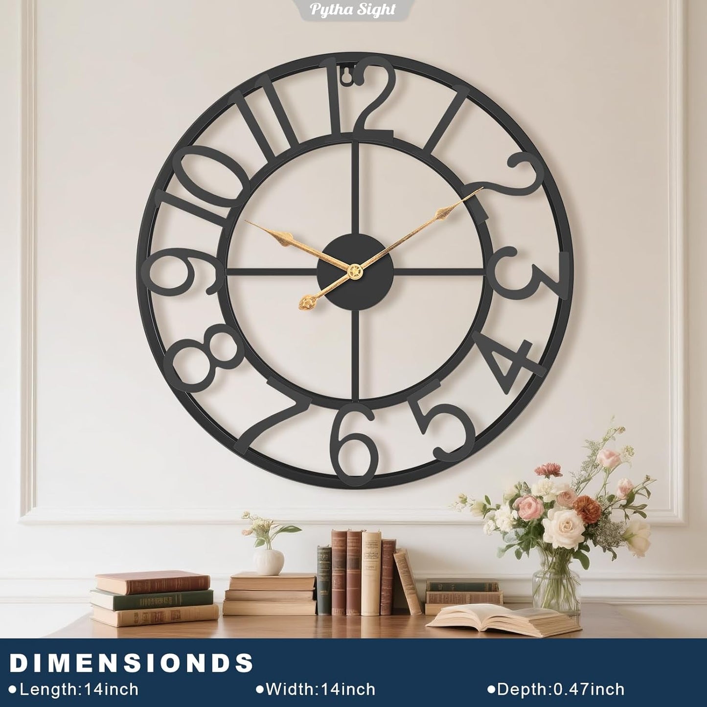 14 Inch Large Wall Clocks for Living Room Decor,Big Silent Battery Operated Metal Wall Clock,Rustic Modern FarmhouseArabic Numerals Wall Clock for Kitchen,Office,Bedroom,Dining Room