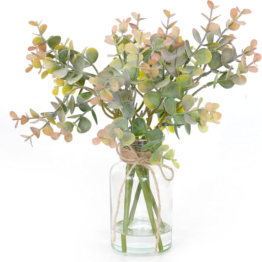 Artificial Eucalyptus Stems in Glass Vase with Faux Water,6Pcs Grey-Orange Fake Plant for Centerpiece (Grey-Orange Eucalyptus)