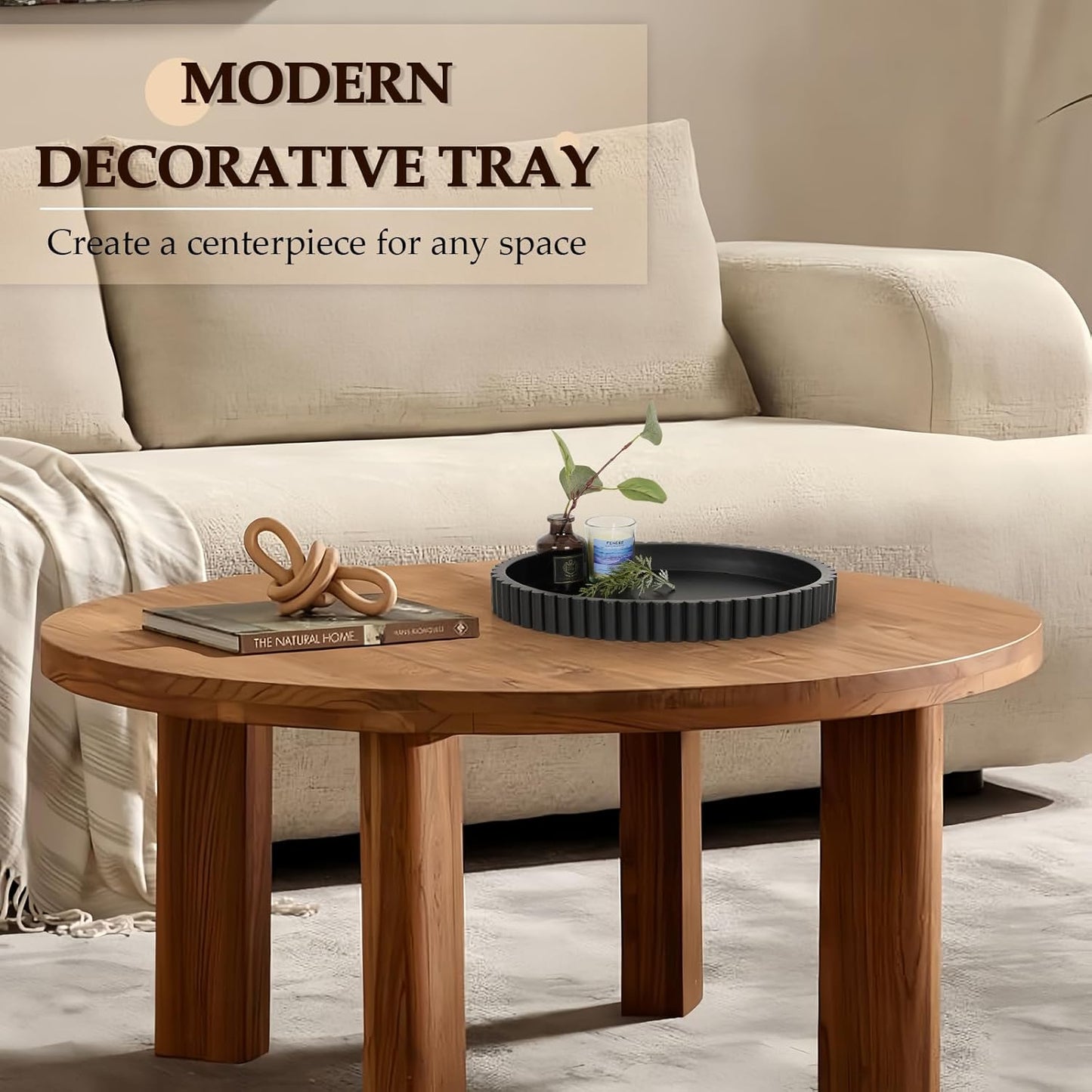 Oval Tray for Coffee Table Decor, 13" Concrete Tray, Table Centerpieces Decorative Trays for Home Decor, Modern Decorative Trays for Coffee Tables, Centerpiece Trays, Black