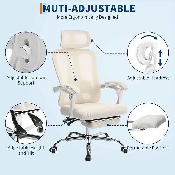 GarveeHome High Back Ergonomic Office Chair with Mesh Back, Retractable Footrest, Adjustable Headrest & Lumbar Support – Computer Desk Chair with Wheels for Home Office or Bedroom, Beige with Pillow