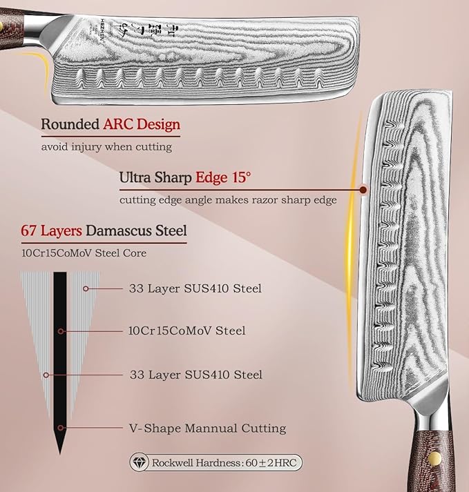 HEZHEN Nakiri Knife,7.4 Inches, 67 Layers Damascus Steel Japanese Vegetable Knife for Professional Chefs and Home, Micarta Handle,Gift Ready