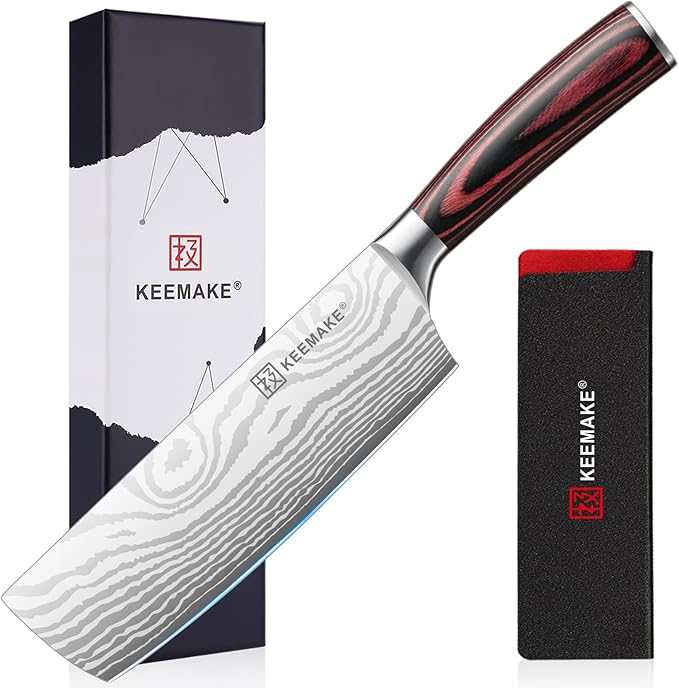 KEEMAKE Nakiri Knife Meat Cleaver: 7 Inch Razor Sharp Chef Kitchen Knife for Cutting Vegetable Cooking Knives - Multipurpose High Carbon Stainless Steel with Pakkawood Handle, Gift box and Sheath
