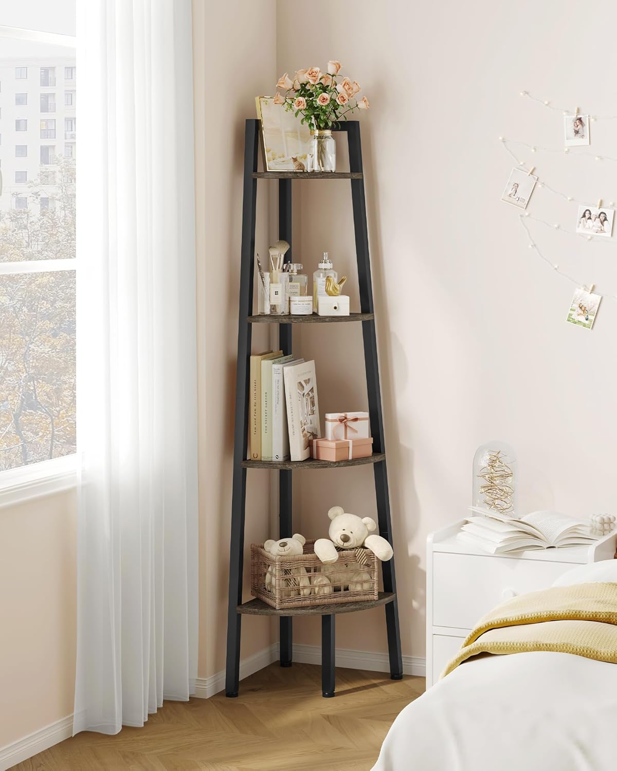 Hoctieon Corner Shelf, 4-Tier Corner Bookshelf, Rustic Ladder Shelf, Industrial Display Stand for Living Room, Kitchen, Home Office, Balcony, Small Space, Metal Frame, Grey