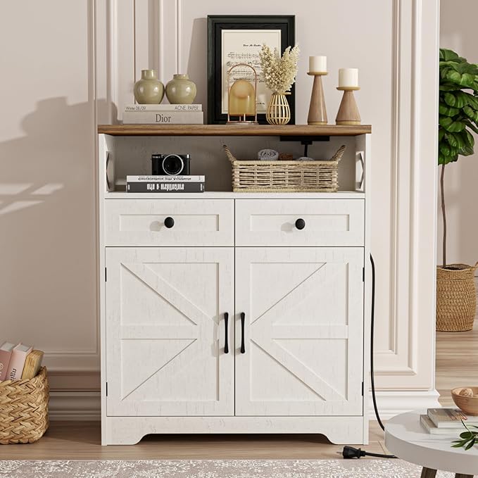 31.5" White Storage Cabinet with Doors and Drawers, Farmhouse Sideboard Buffet Cabinet with Storage, Kitchen Pantry Hutch, Coffee Bar Table Station for Kitchen, Livingroom, Dining Room